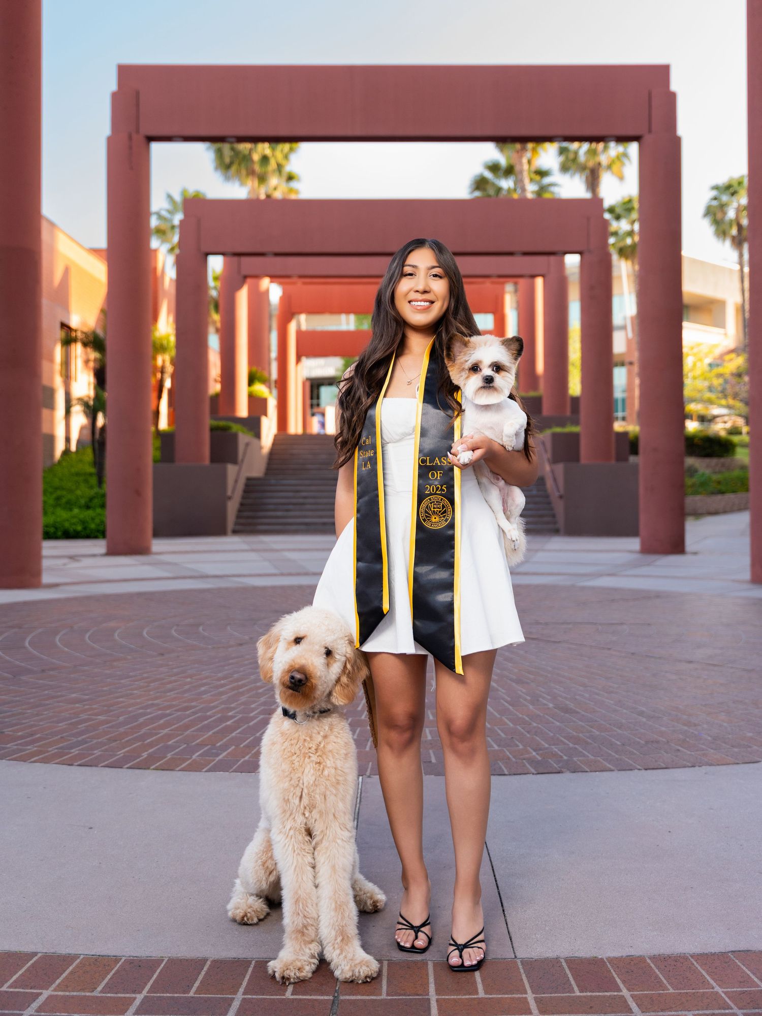 A person in black and white attire stands with a goldendoodle dog in front of a brick building with red columns.