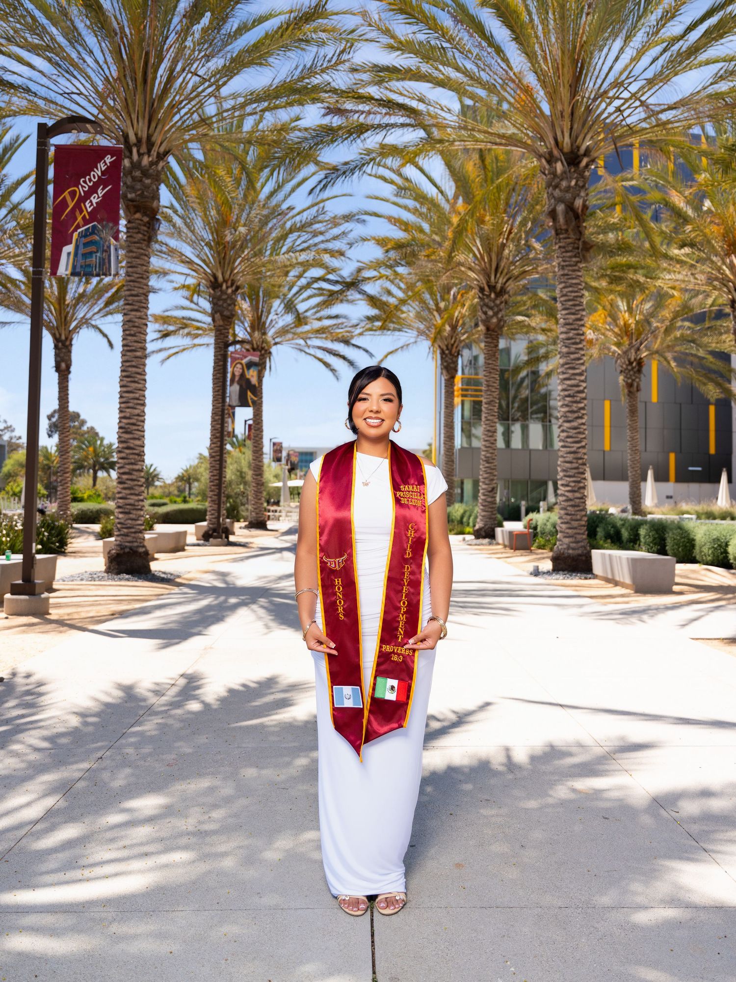 A panoramic series of palm tree-lined walkway photos with a figure in red jacket and white pants against modern buildings.