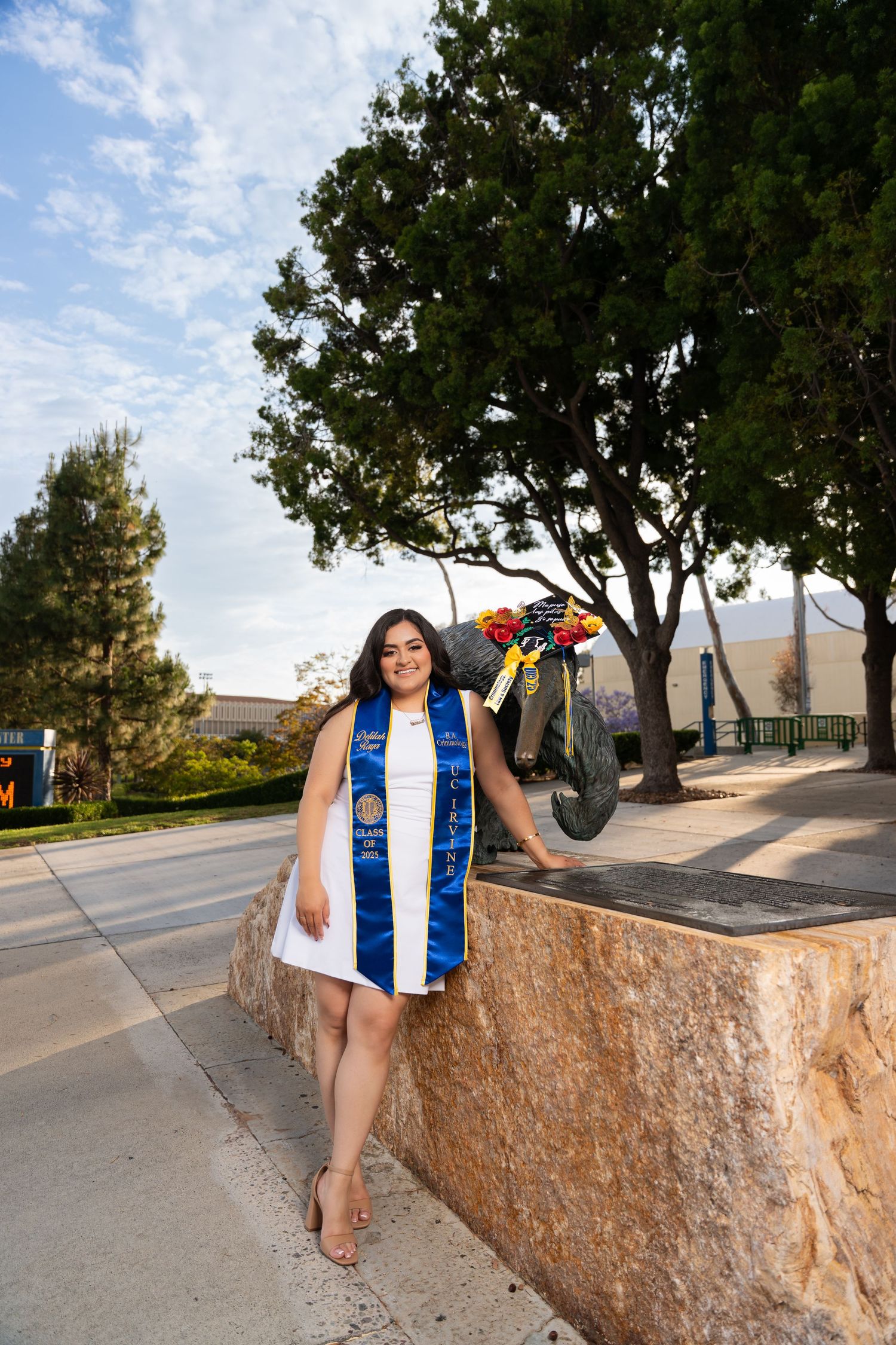 Graduate in blue sash and white dress sits on stone wall during outdoor photo session at sunset.