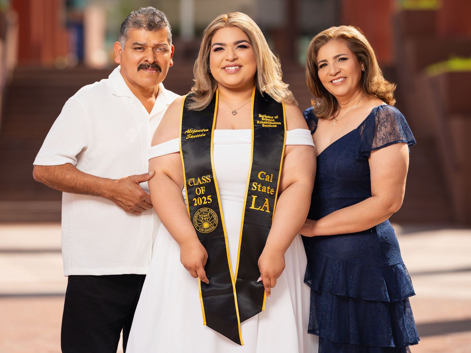 A series of graduation photos showing people posing together outdoors in formal attire and graduation sashes.