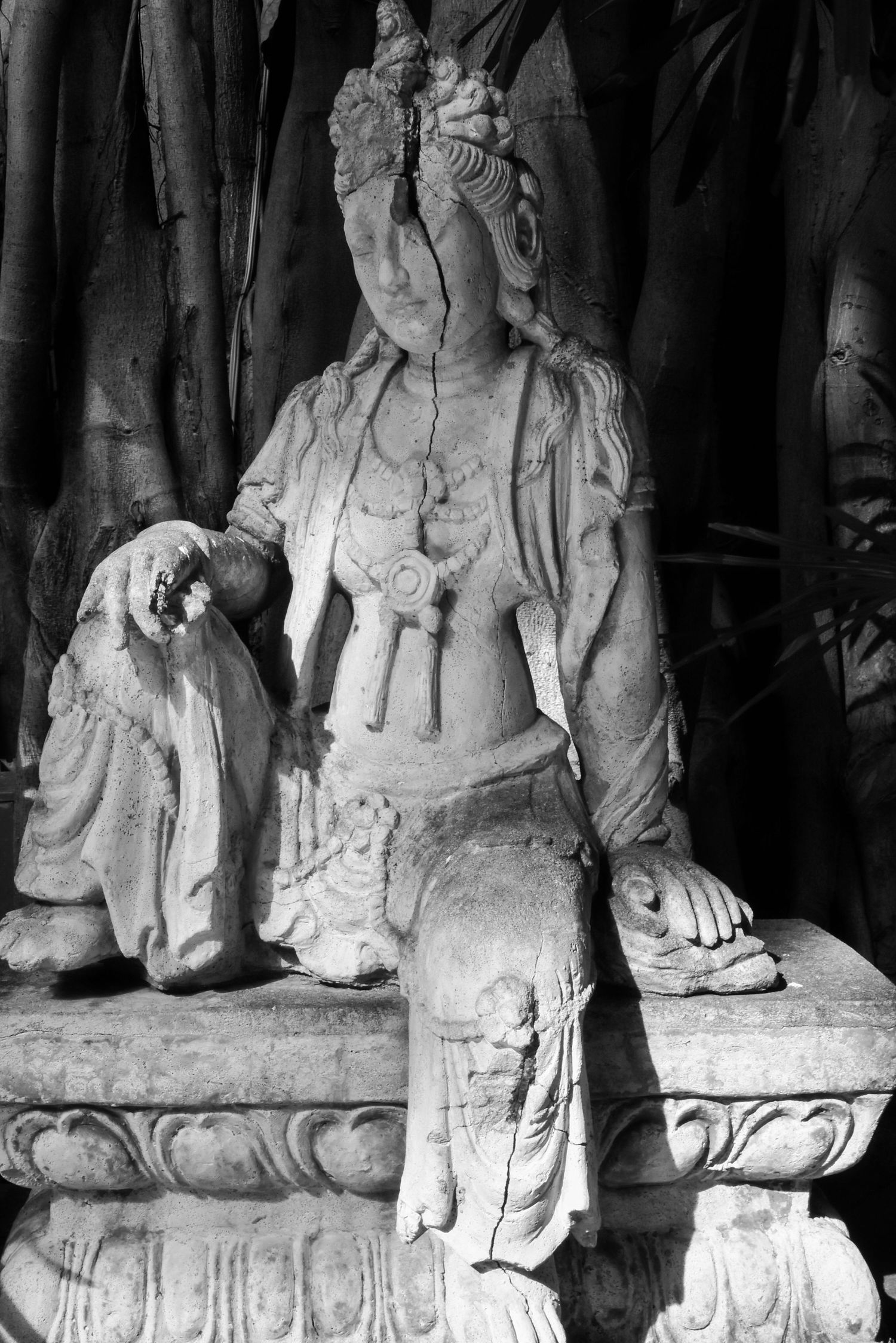 An ancient eastern style statue sits on a bench under a tree.  Black and white version.