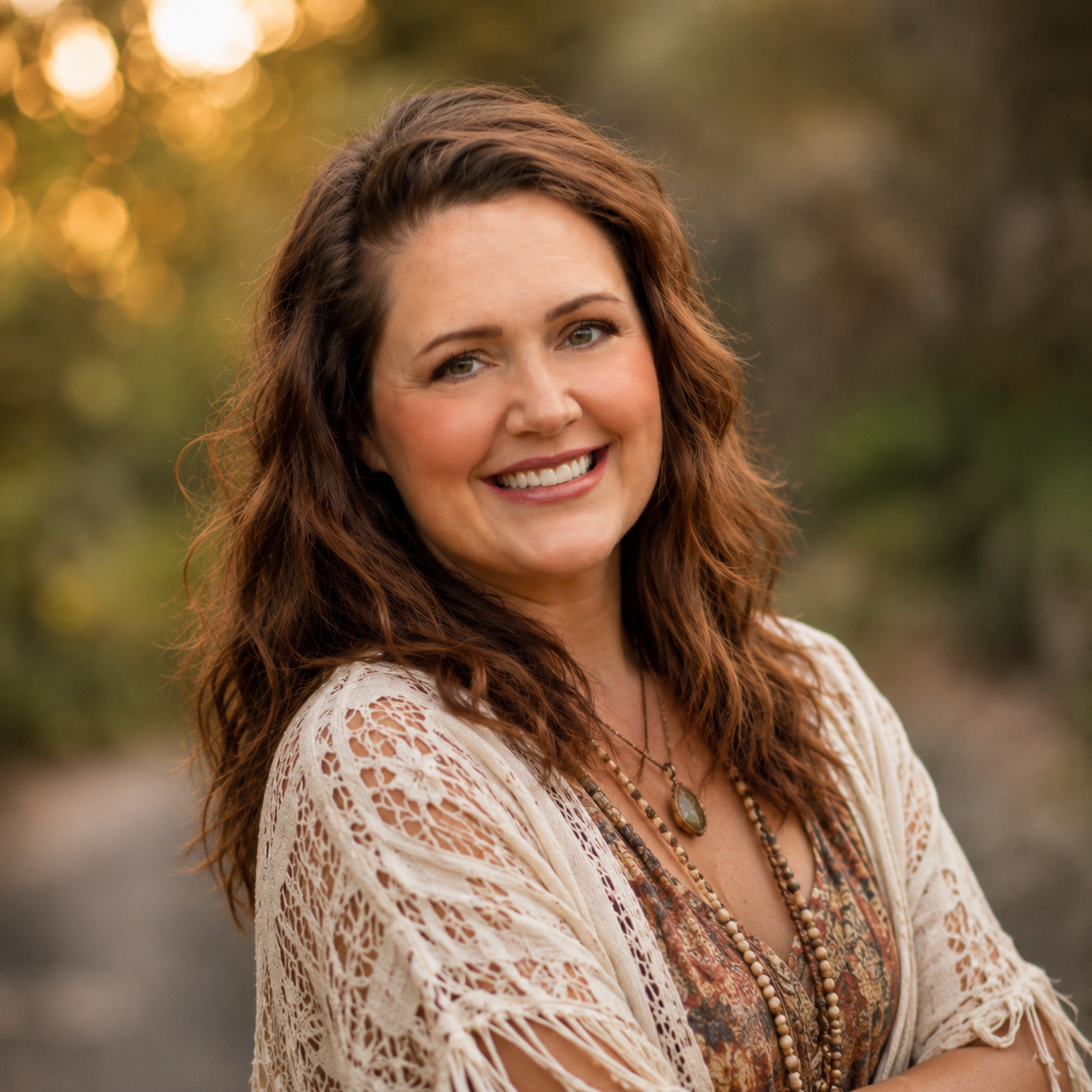 Smiling brunette woman in lace top with layered necklaces posing outdoors at golden hour.