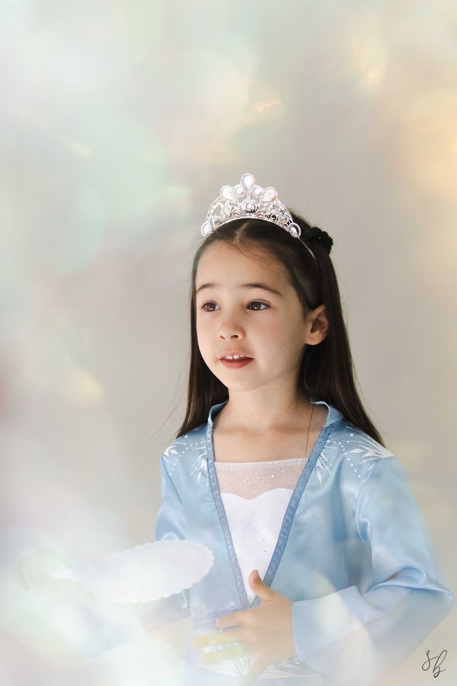 Andover children’s photographer capturing a dreamy personality portrait of a young girl in a blue princess costume and jeweled tiara.