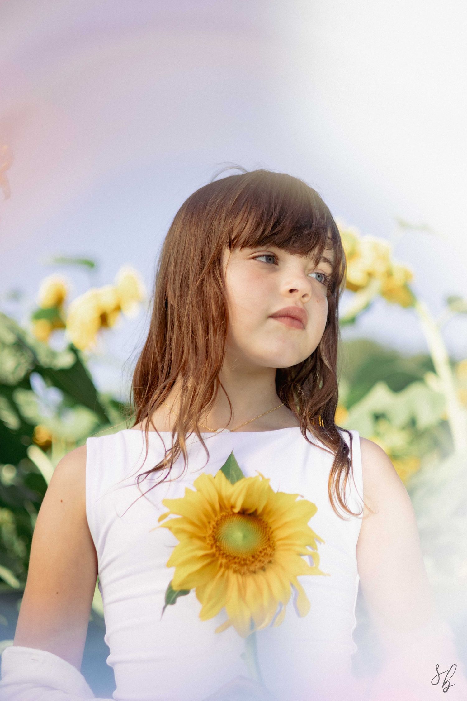 Andover children photographer capturing a natural outdoor portrait of a girl standing in a sunflower field with soft, golden light.