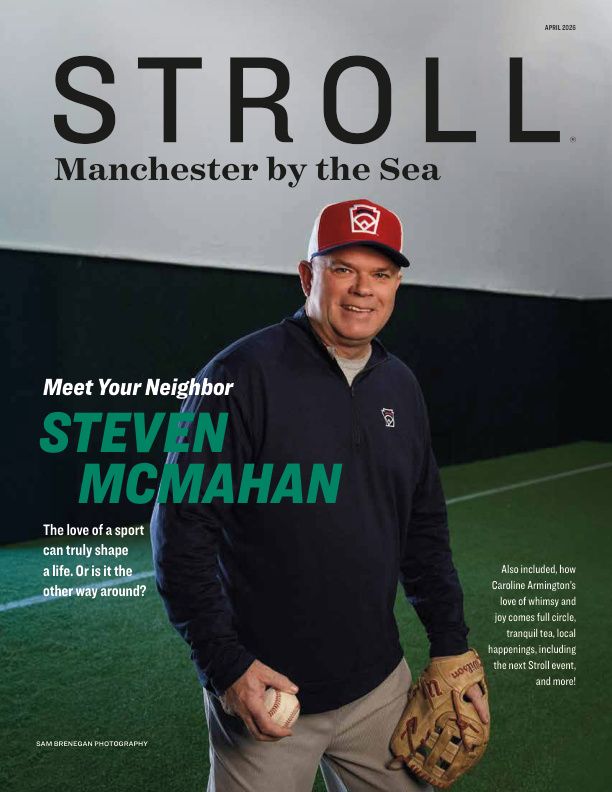 Magazine cover of STROLL Manchester by the Sea, April 2023 issue, featuring Steven McMahan holding a baseball and glove on an indoor field.