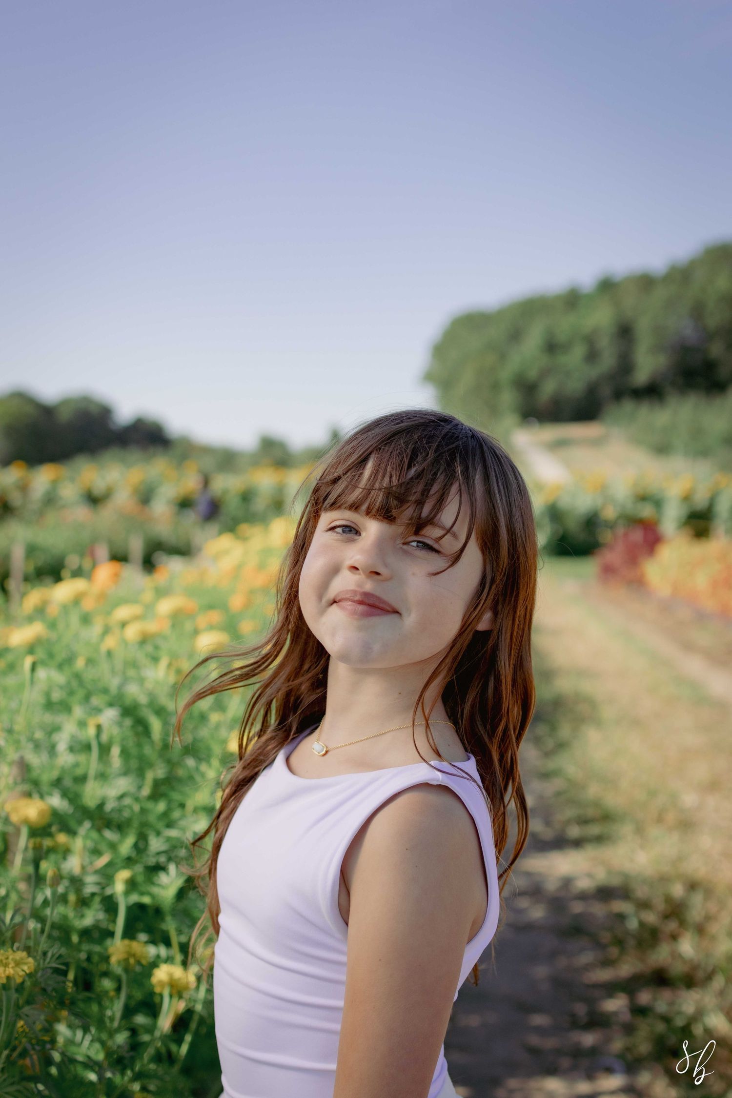 Andover children photographer capturing a natural outdoor portrait of a girl standing in a sunflower field with soft, golden light.