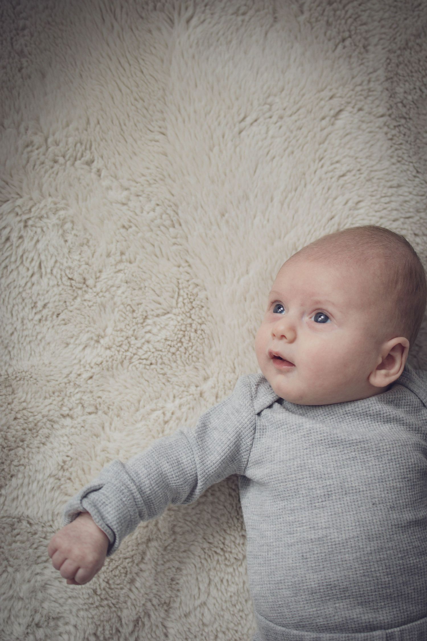 Newborn portrait of a baby gazing toward soft natural window light during a lifestyle session.