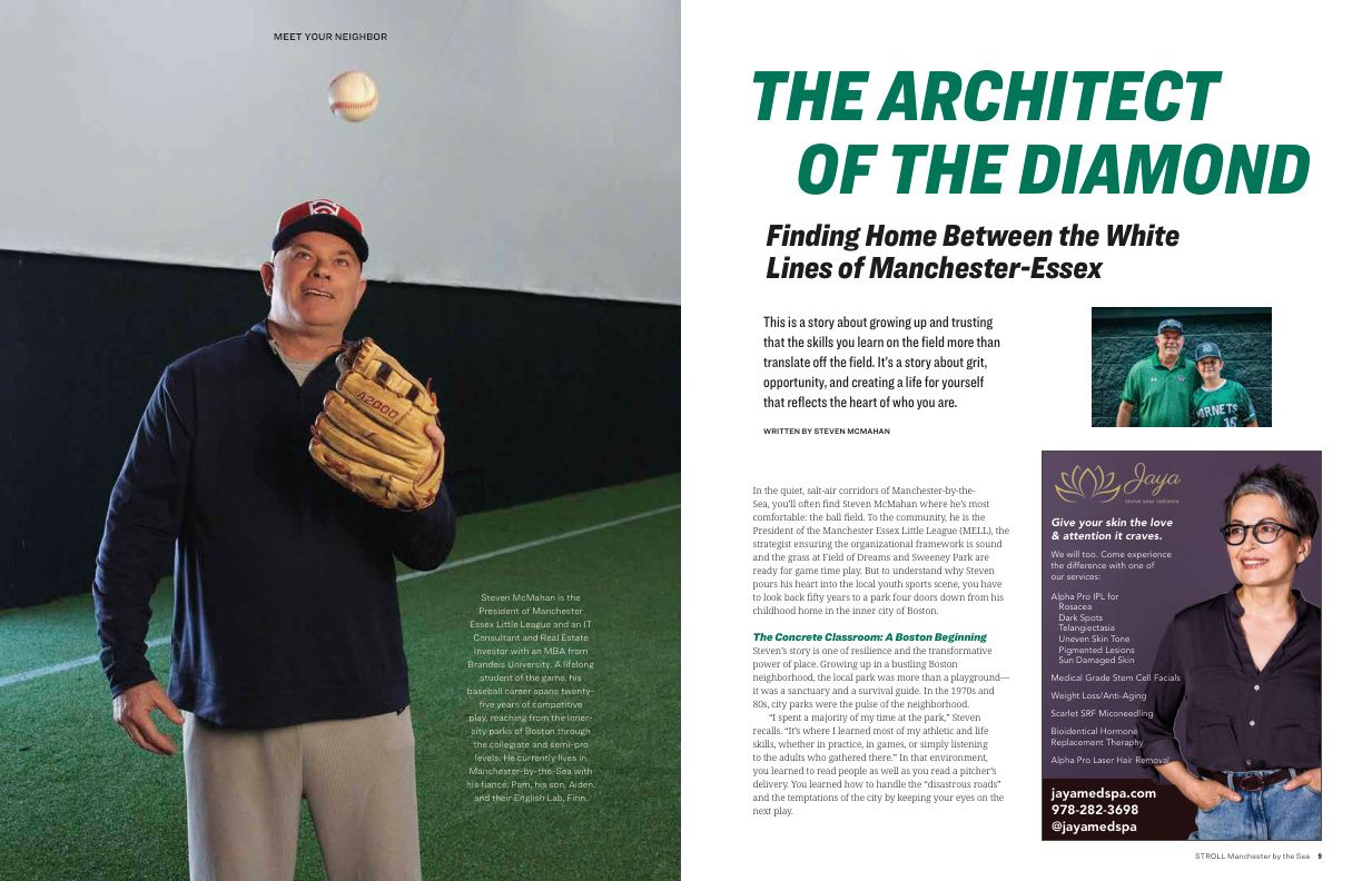 Magazine cover of STROLL Manchester by the Sea, April 2023 issue, featuring Steven McMahan holding a baseball and glove on an indoor field.