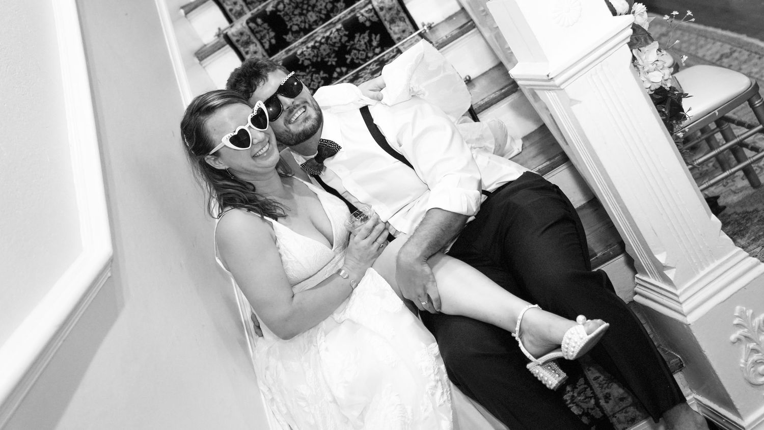 Black and white wedding photo sequence showing tender moments between a couple.