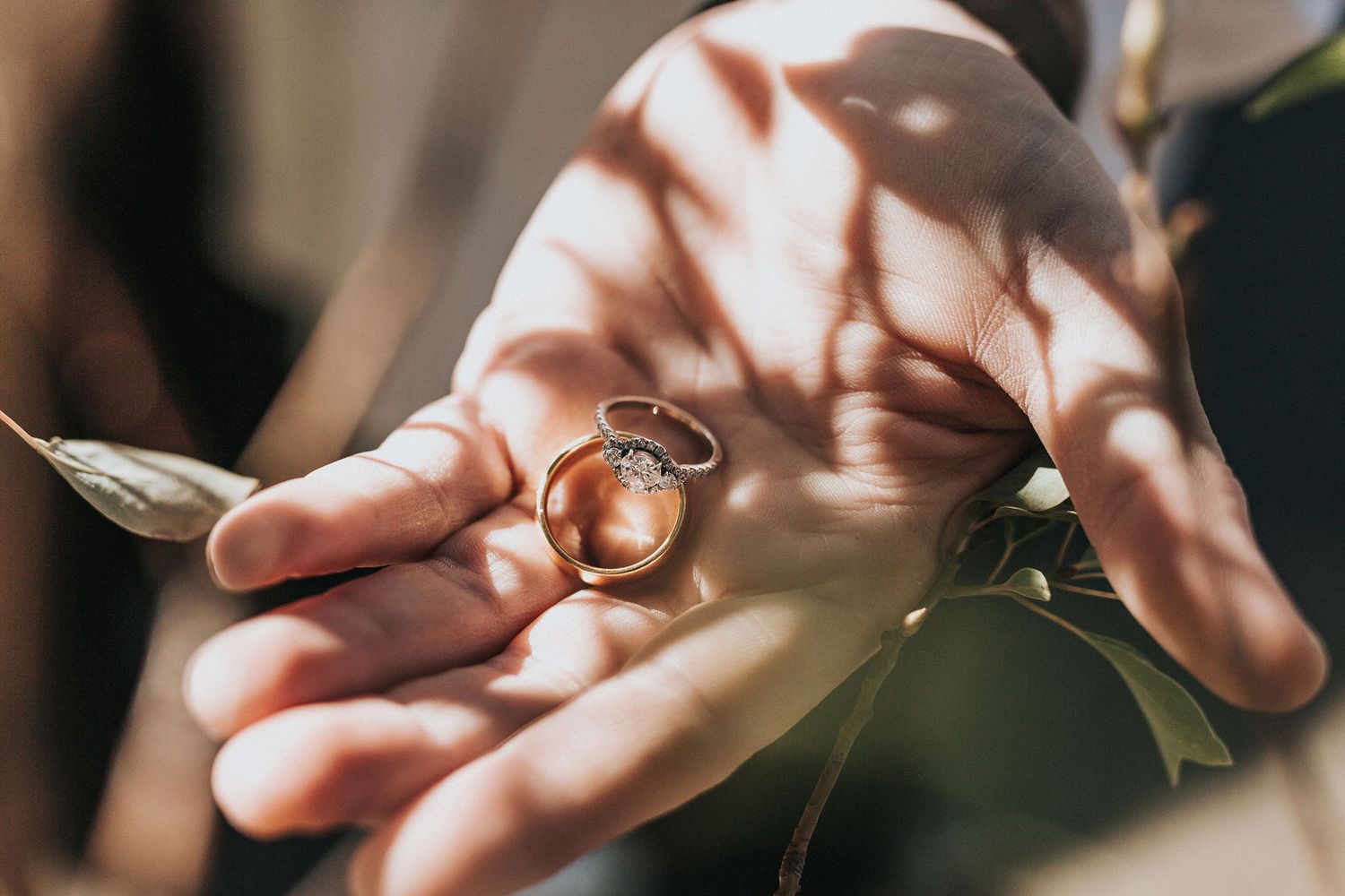 Two gold wedding rings resting on an open hand with sunlight casting shadows.