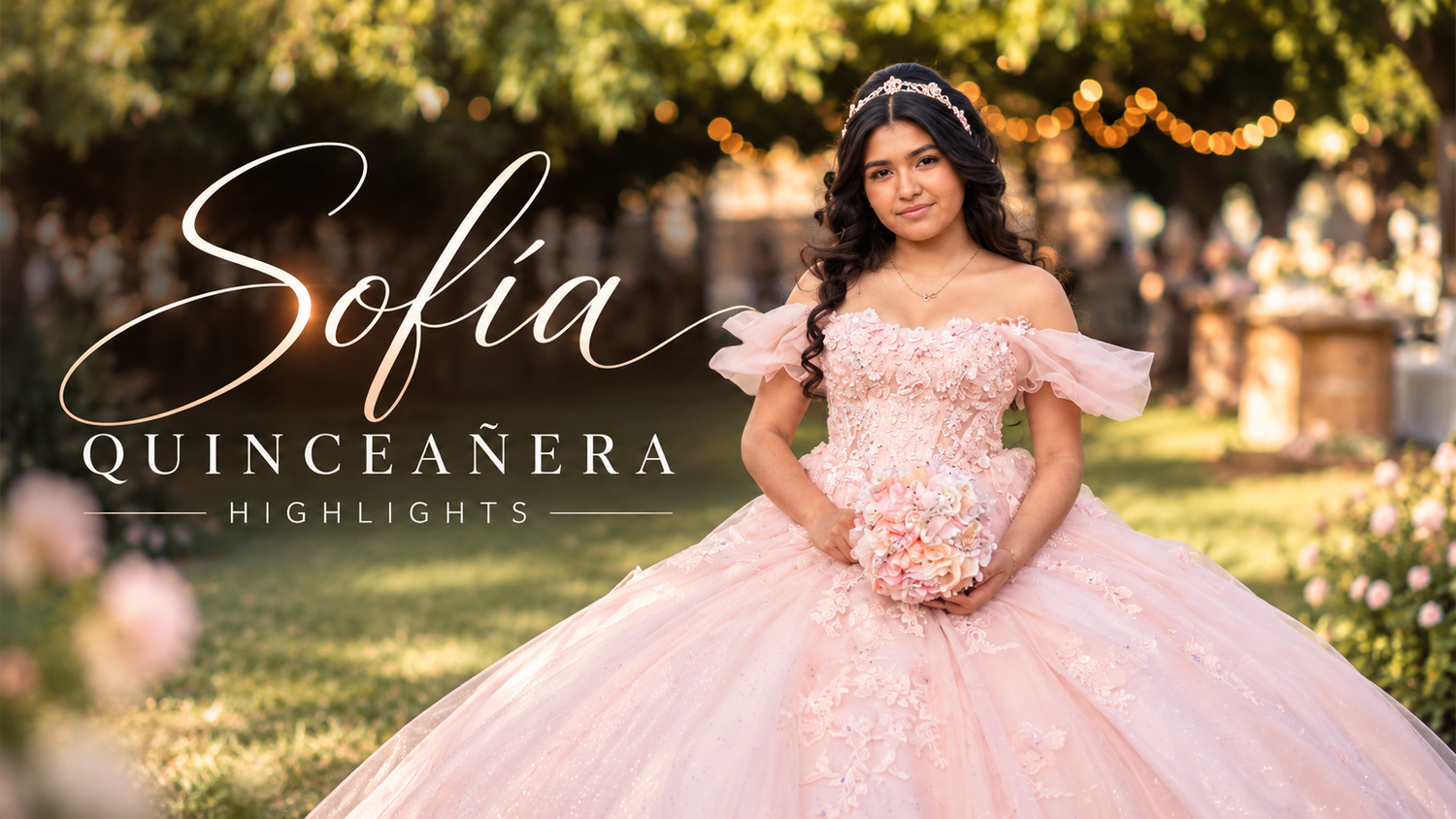 Sofia's quinceañera highlights photo featuring a young woman in a elegant blush pink ball gown with floral details.