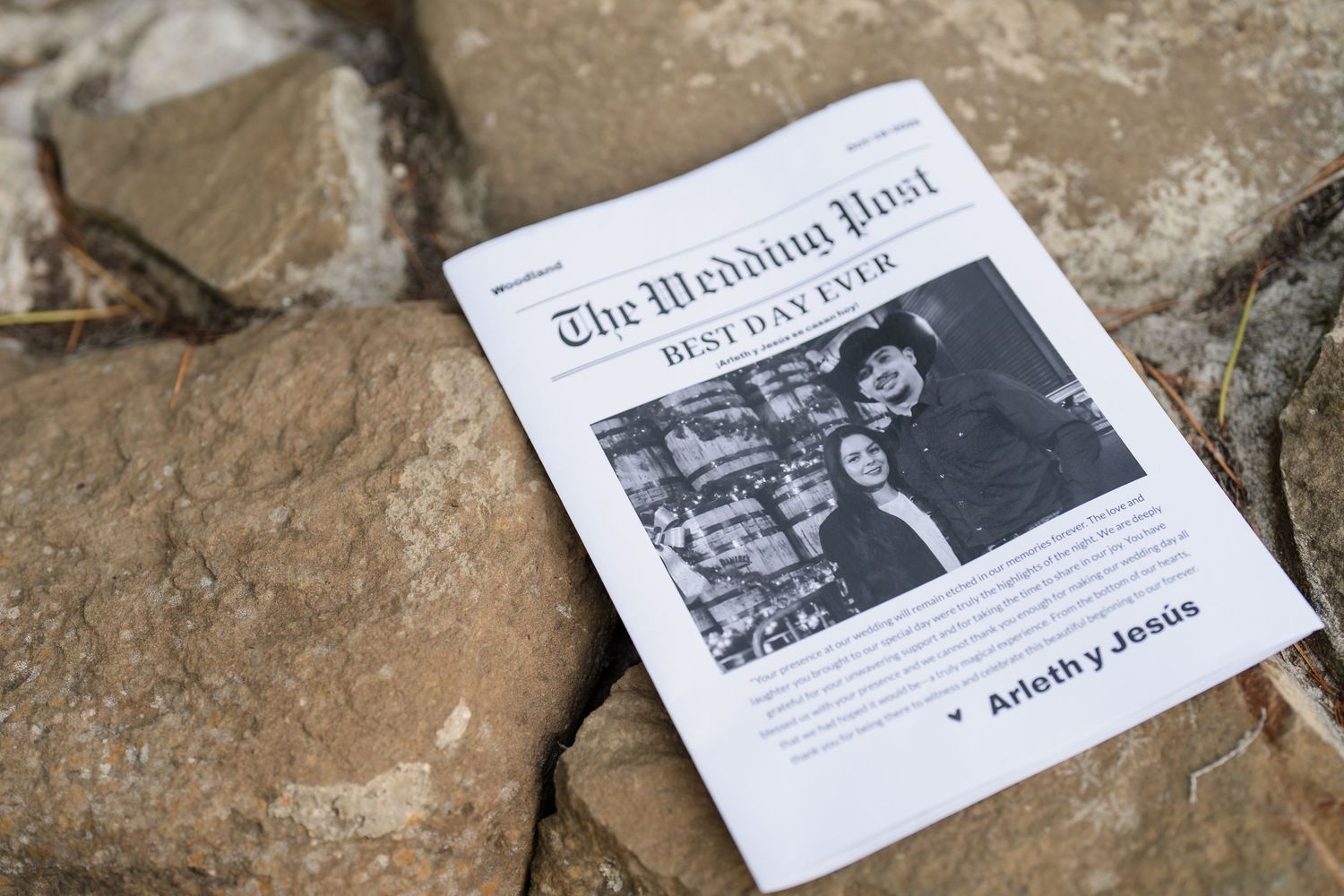 The Wedding Post newspaper with Best Day Ever headline featuring couple Arleth y Jesus on stone surface.