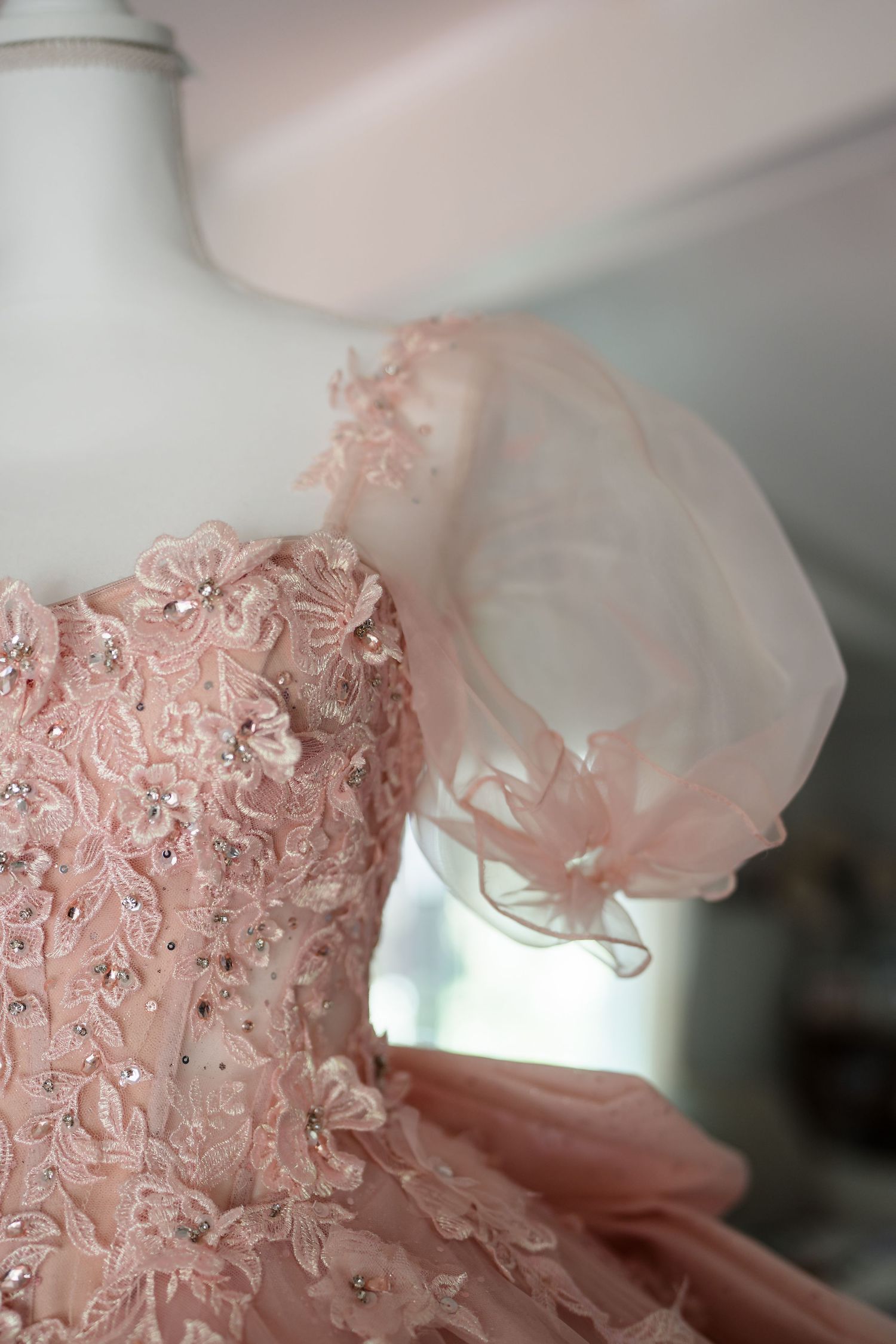 Pink beaded lace ballgown with sheer organza puff sleeves displayed on a dress mannequin.