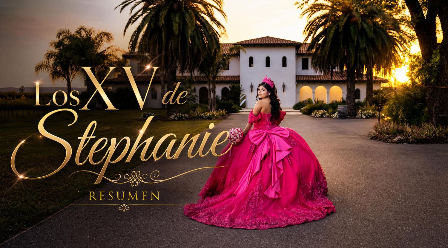 Promotional thumbnail for Los XV de Stephanie quinceañera highlight video featuring girl in pink gown at sunset.