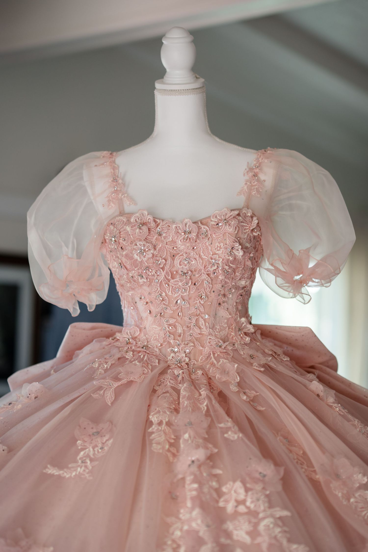 Elegant pink ball gown with lace appliques, puff sleeves, and floral embellishments displayed on a mannequin.