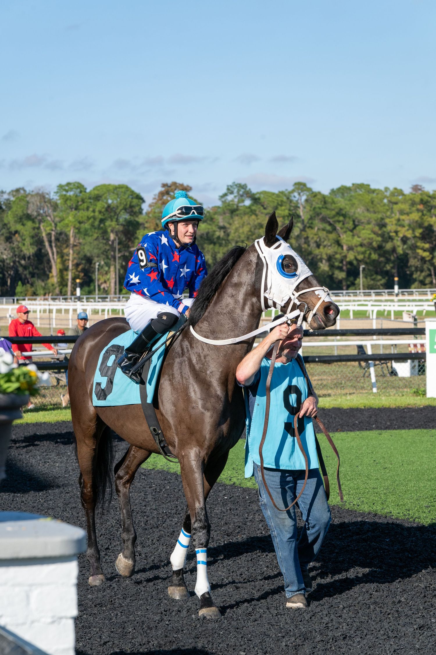 Jockey in patriotic silks sits atop dark horse number 9 led by handler at track.