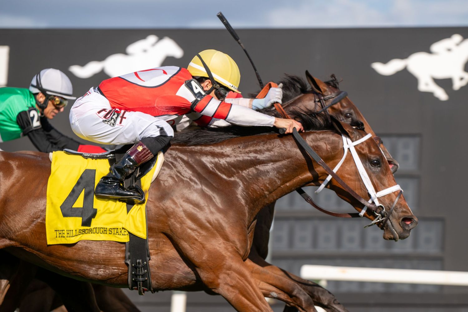 Two jockeys in red and white silks race neck and neck on thoroughbred horses at a professional horse racing track.