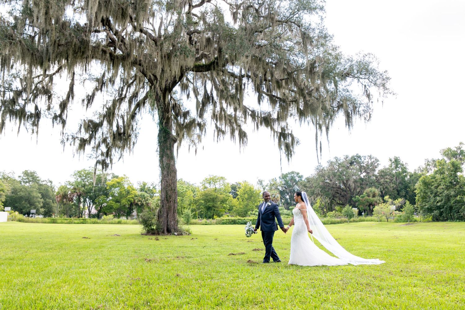 Bride and groom walk hand-in-hand beneath a sprawling Spanish moss oak tree on a lush green lawn.