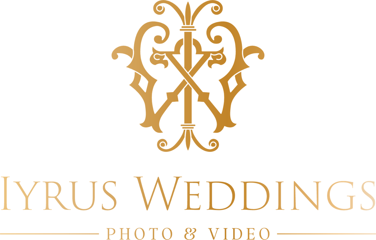 Gold ornate monogram logo for Iyrus Weddings Photo and Video, featuring elegant decorative lettering on white background.