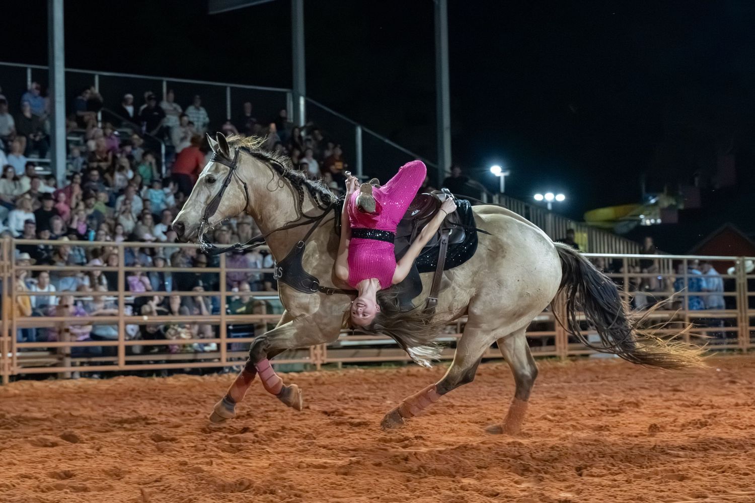 A cowgirl in pink outfit rides a gray horse at a night rodeo on red dirt arena with crowd watching.