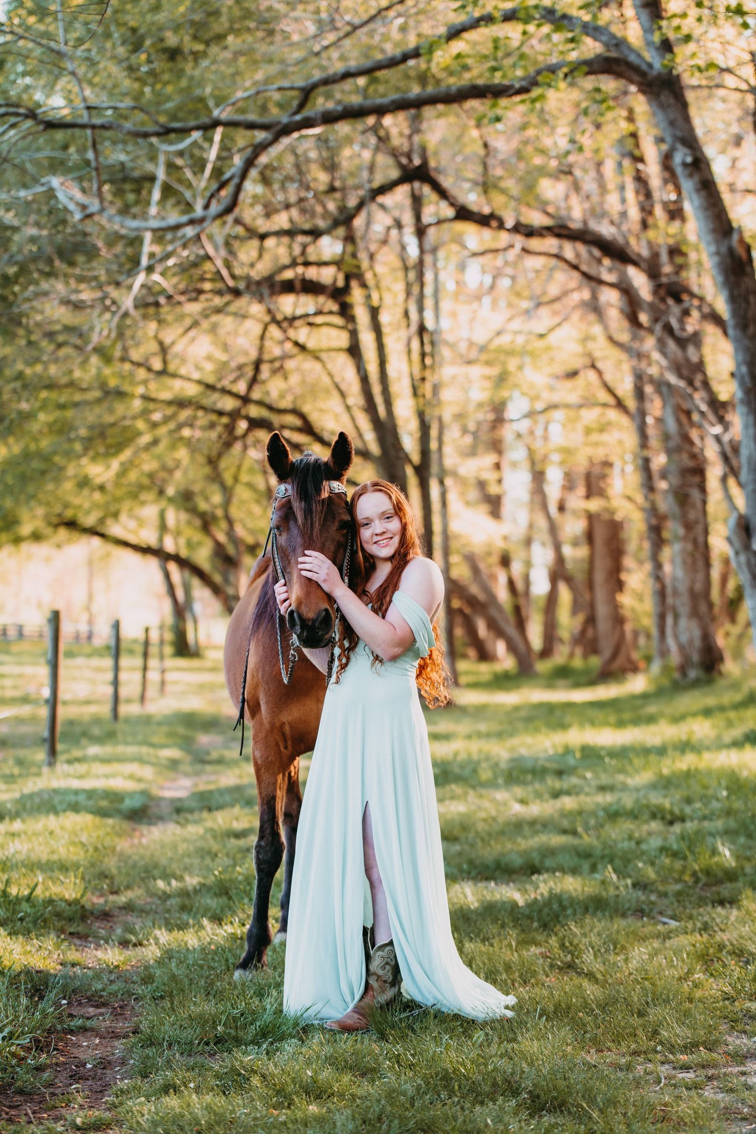 north Georgia horse photographer with bay horse and rider in field at sunset posing for senior portraits