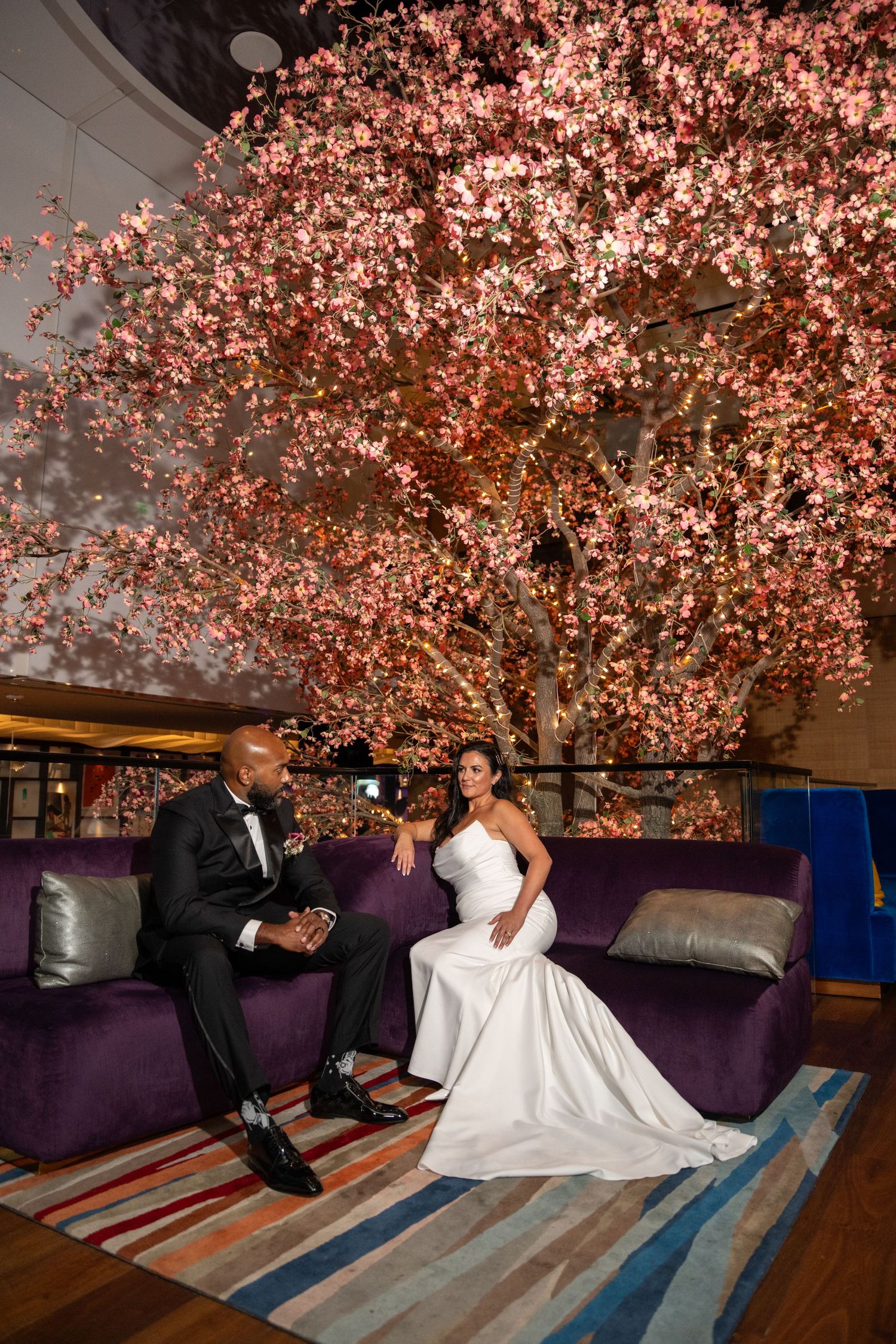 Bride and groom seated on purple velvet sofa beneath stunning cherry blossom tree at elegant wedding venue.