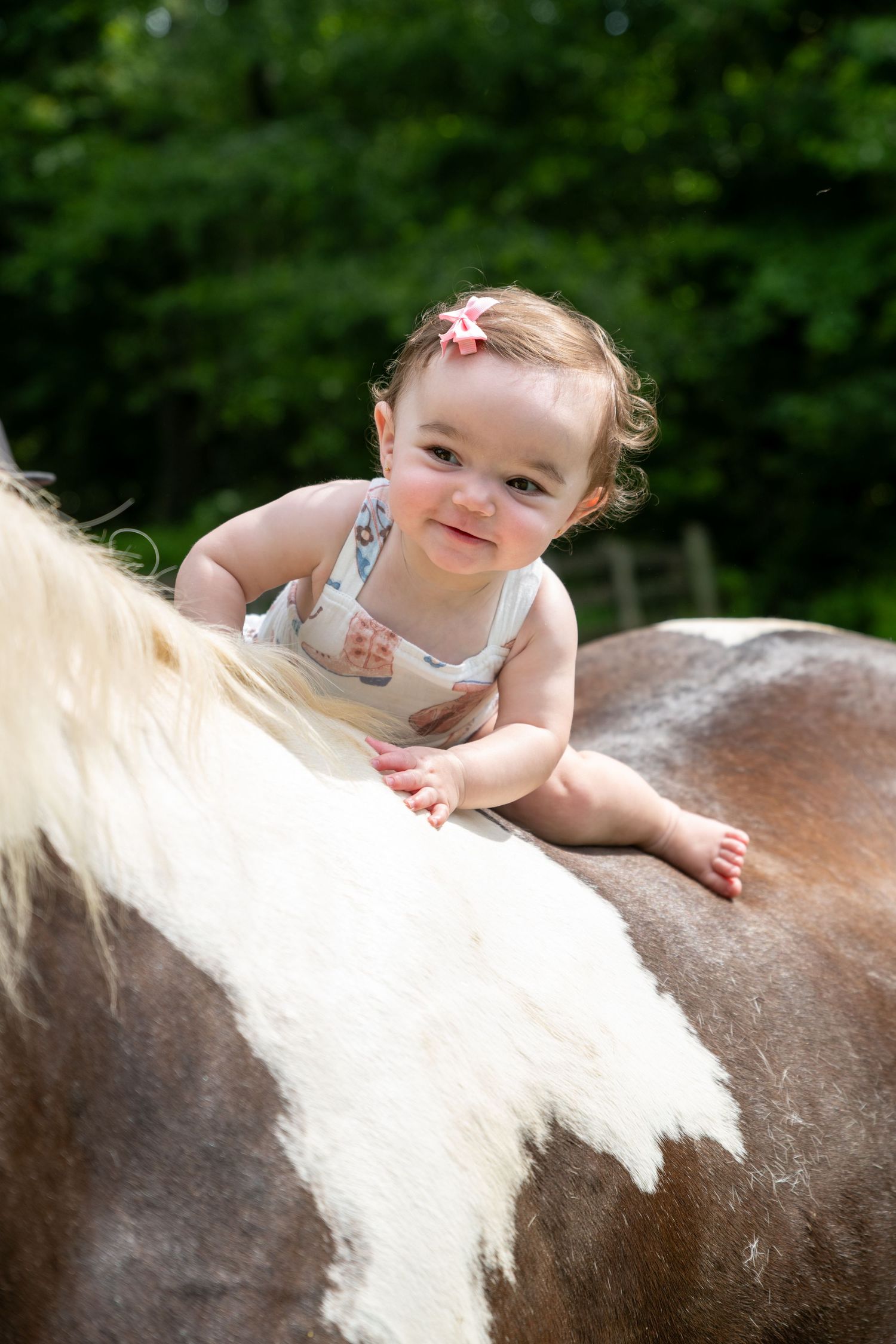 Smiling baby girl with pink bow sits atop a brown and white horse outdoors with green trees in background.