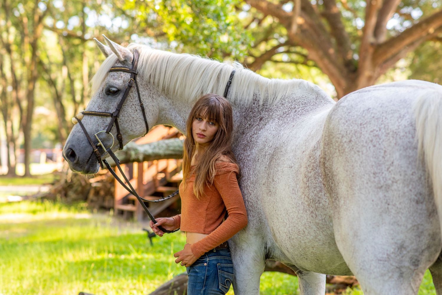 Young woman in orange top embracing a dapple grey horse outdoors under large trees.