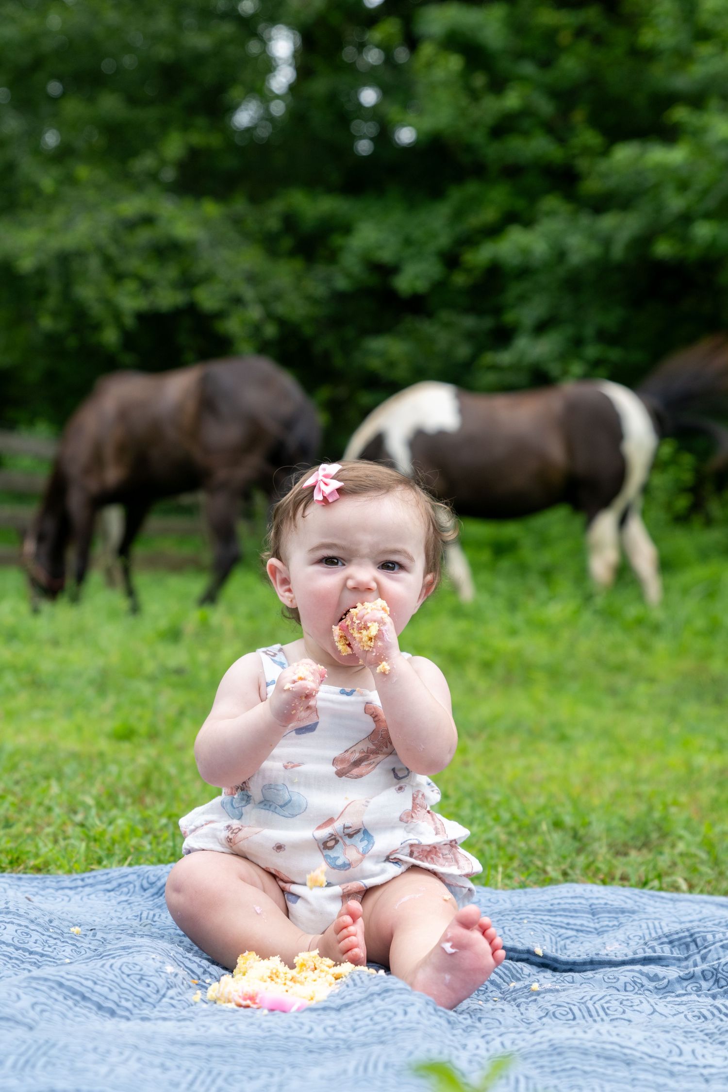 Baby girl in floral romper eating cake on blanket outdoors with horses grazing in green pasture behind her.