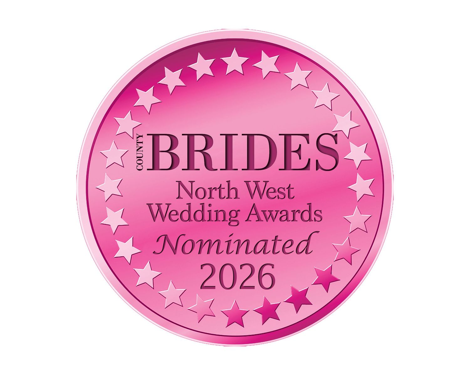 Pink circular nomination badges for North West Brides 2026 awards.