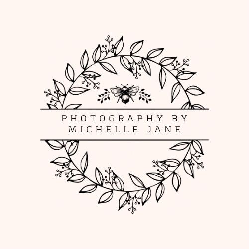 Elegant floral line art logo with leaves and text for Photography by Michelle Jane covering Wigan, Lancashire, Cheshire, Manchester