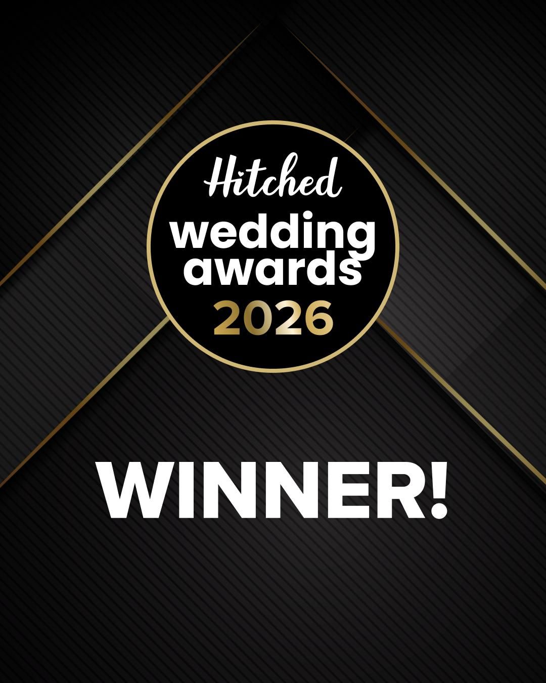 Elegant black and gold wedding awards winner banner with diagonal lines.