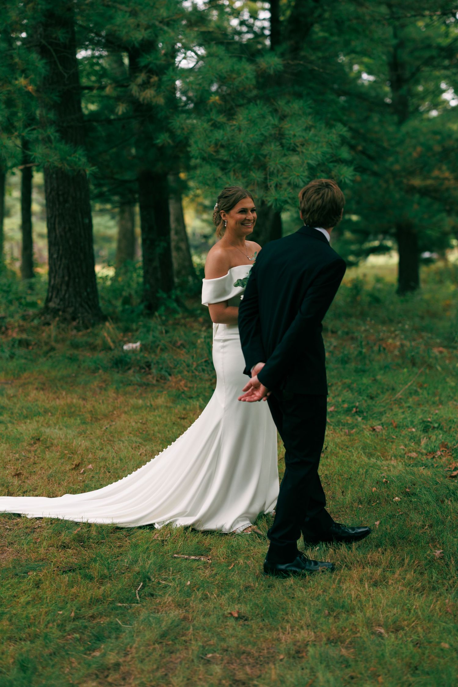 Romantic wedding photography sequence in a forest setting with flowing white dress.