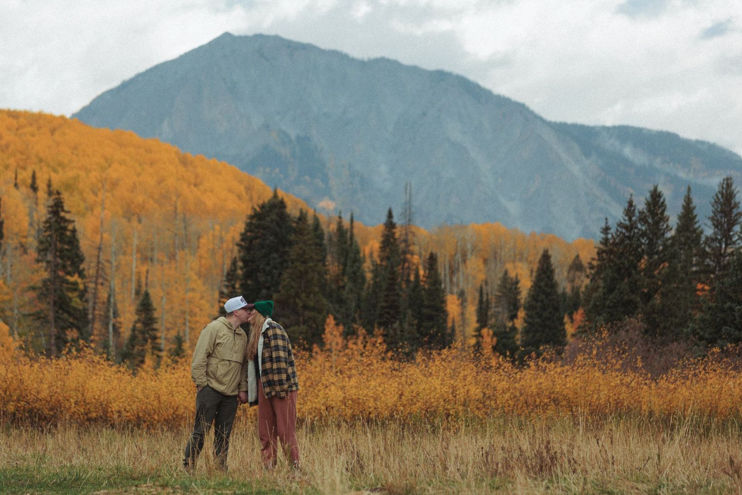 Dramatic mountain peaks rise above golden autumn meadows in the wilderness.