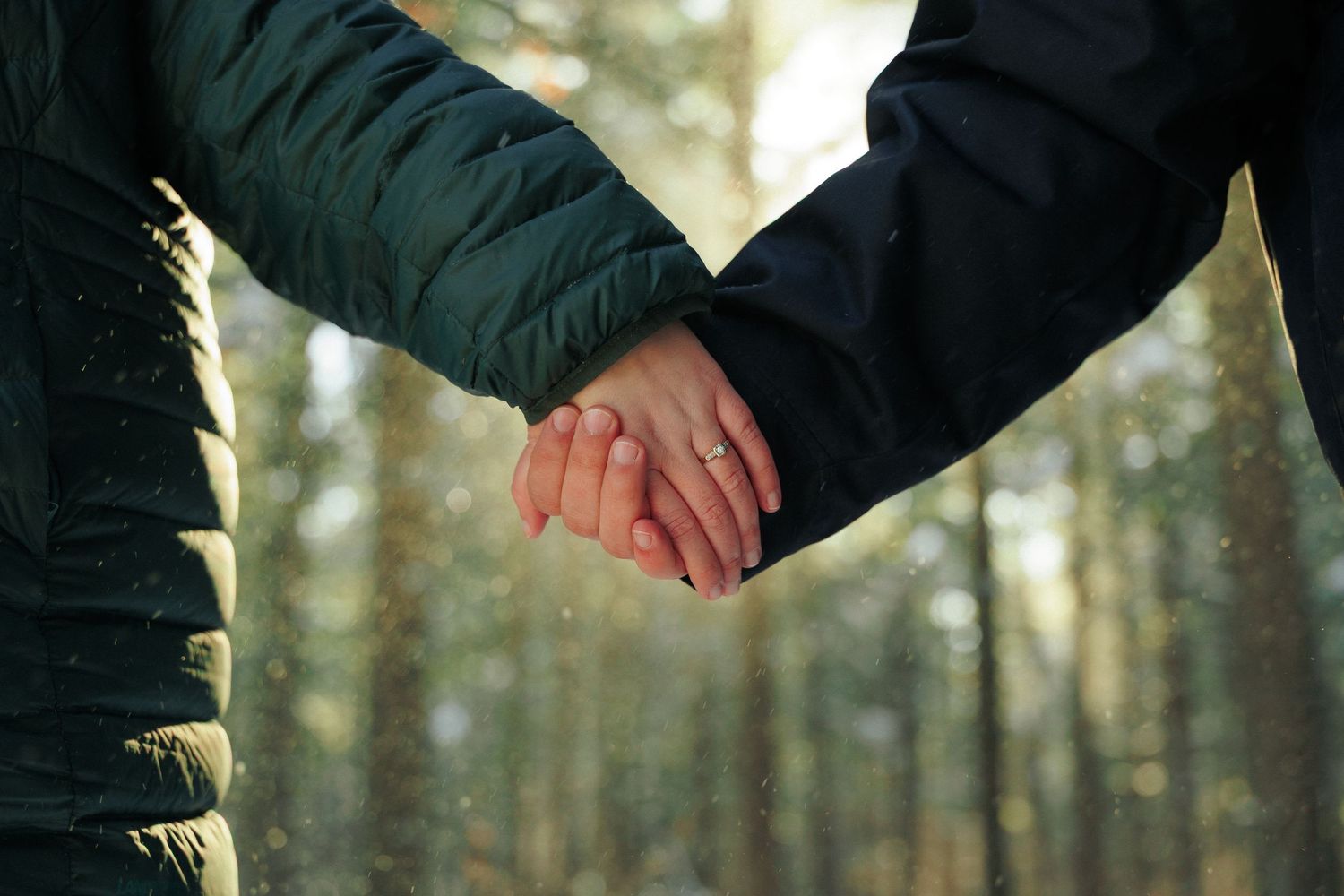 Close-up of hands reaching towards each other in a forest setting.
