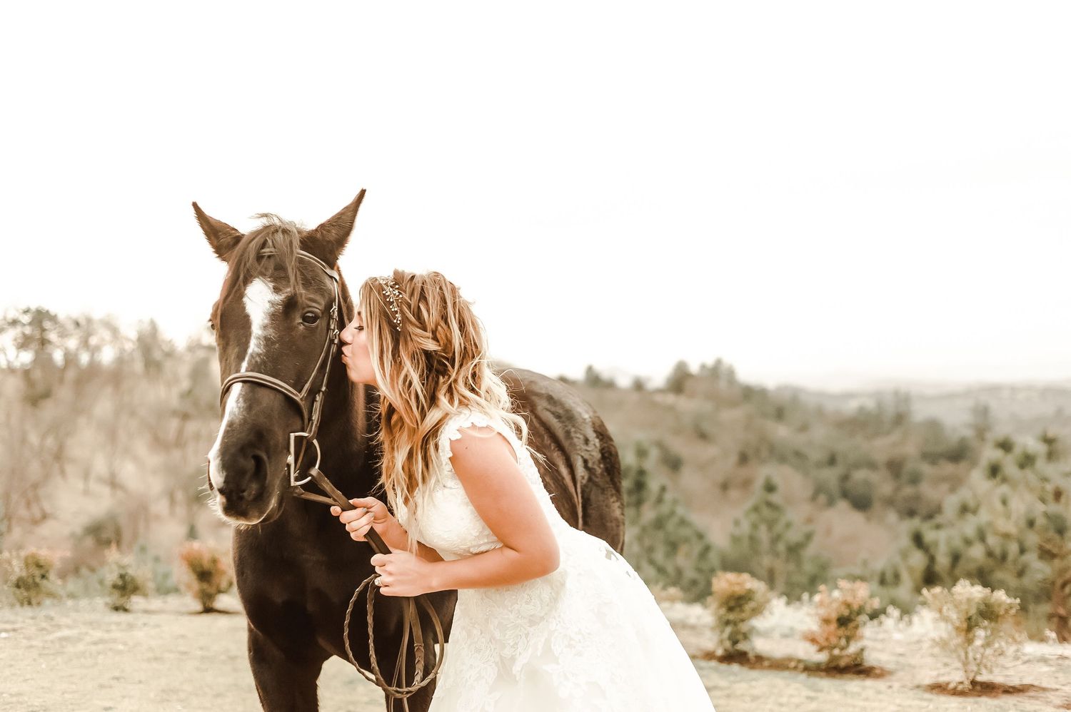 A bride in a flowing dress shares a tender moment with a dark brown horse.