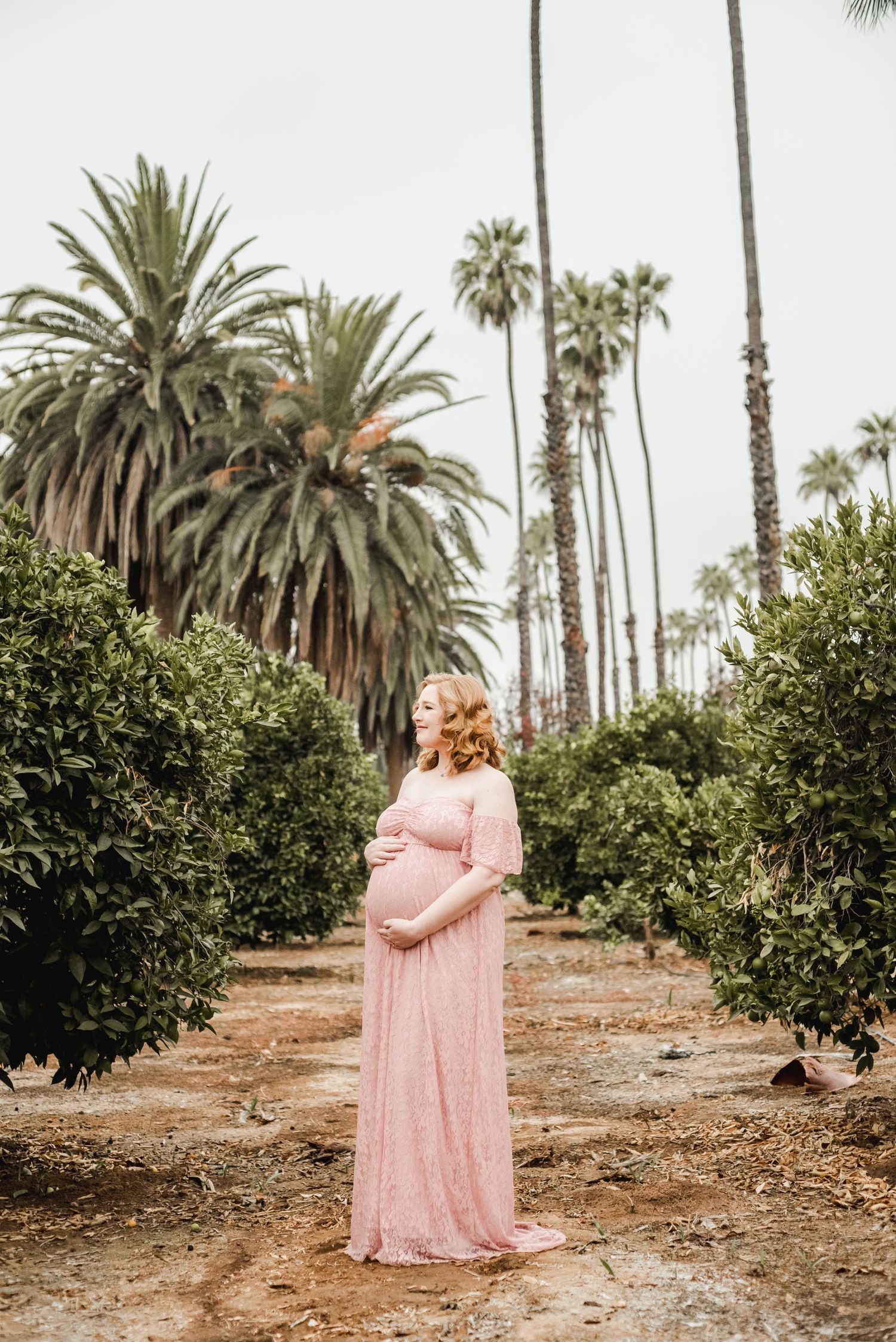 A romantic maternity photoshoot among palm trees with a couple wearing pink flowing dresses.