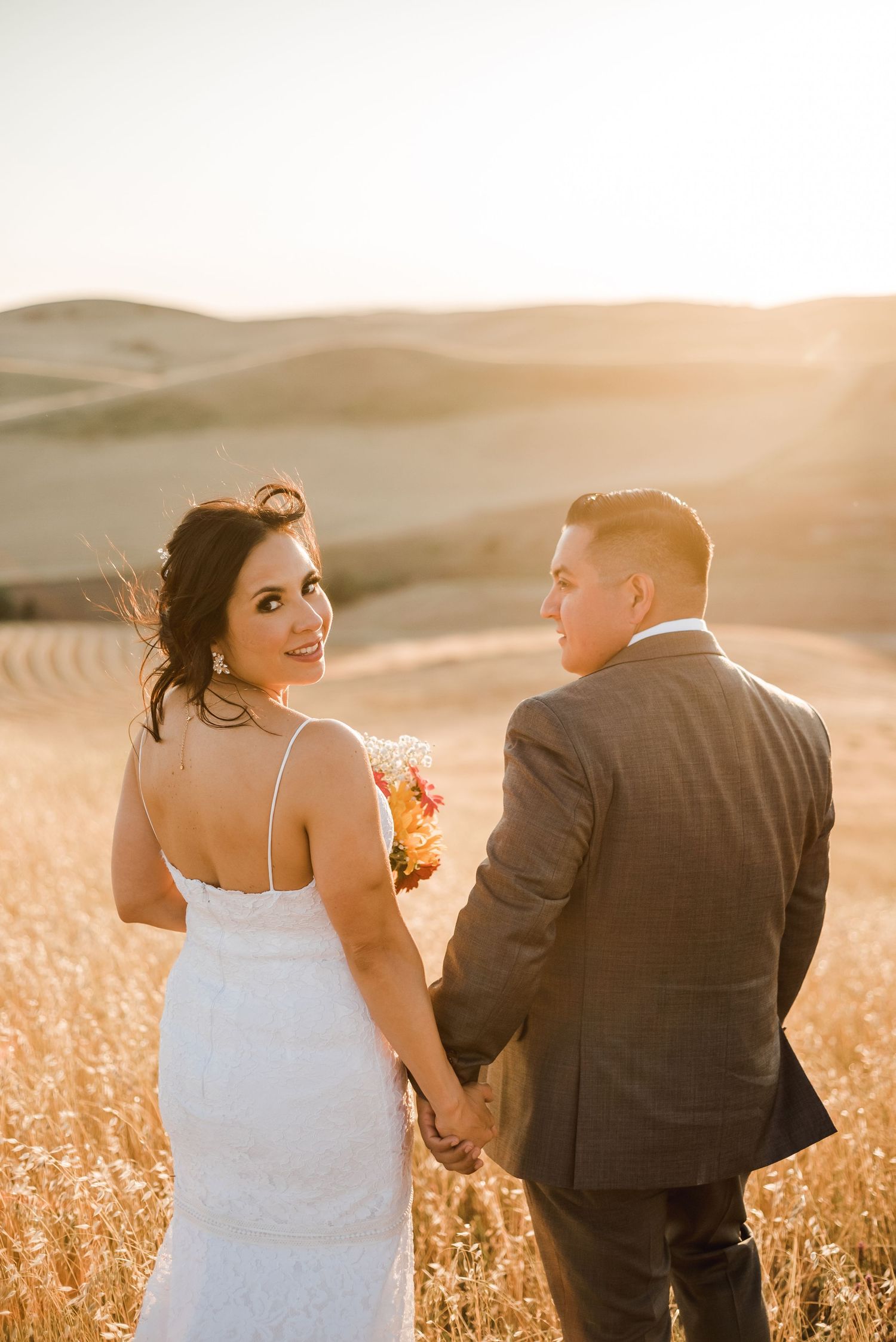 Sunset wedding photography sequence in a golden wheat field with warm backlighting.