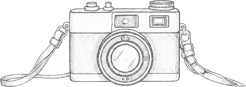 Vintage rangefinder film camera sketch with strap, detailed lens and minimalist line art style illustration.