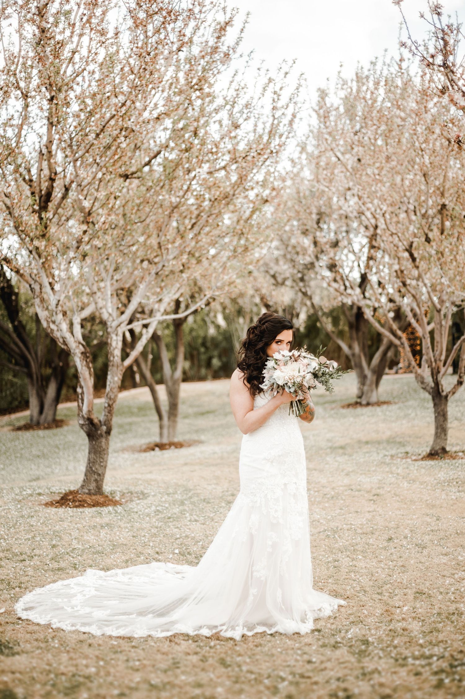 A bride in a lace gown holds a bouquet while standing among blooming almond trees.