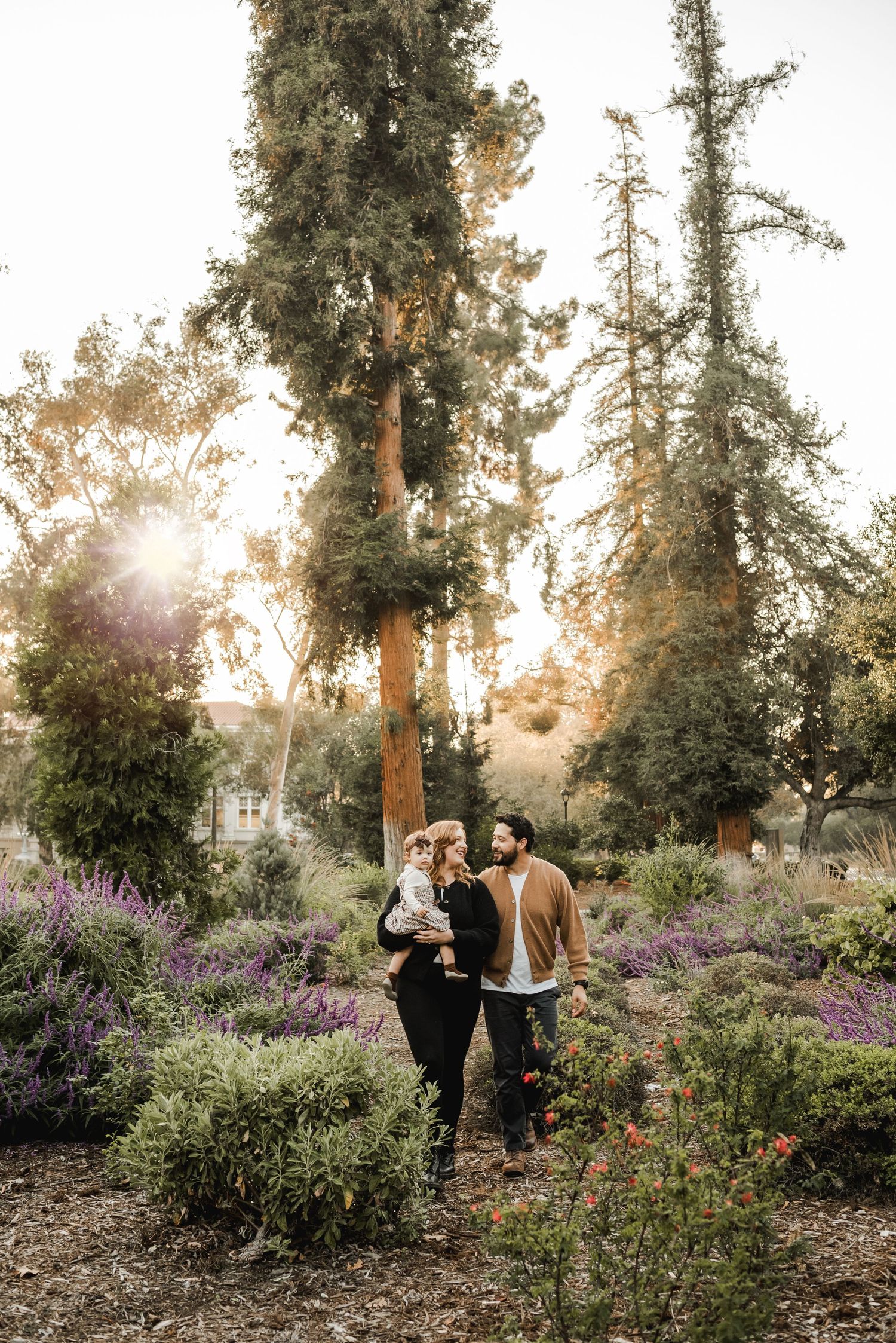 A scenic outdoor photoshoot in a wooded area with golden sunlight filtering through tall trees.