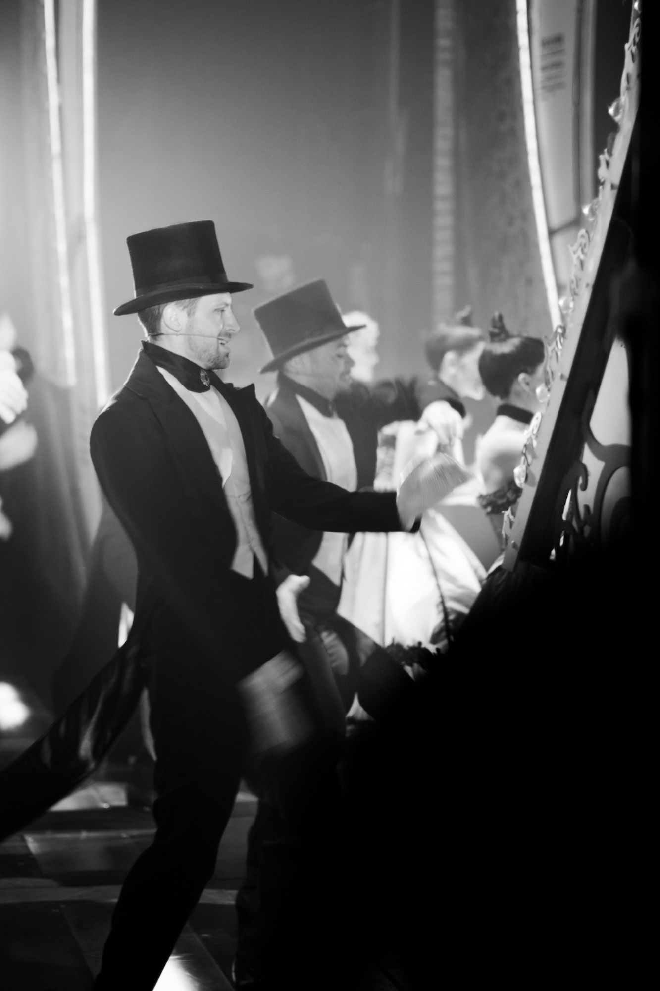 Black and white image from the wings at Moulin Rouge! The Musical in London.