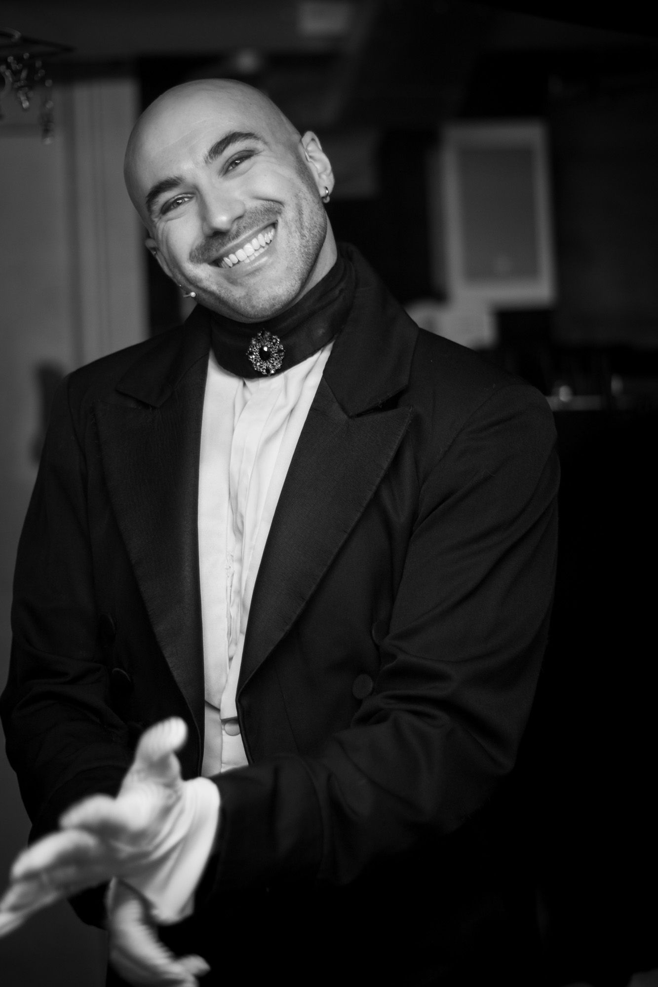 Black and white portrait of Ben Rutter, from the series of 'Swings At The Moulin Rouge!'