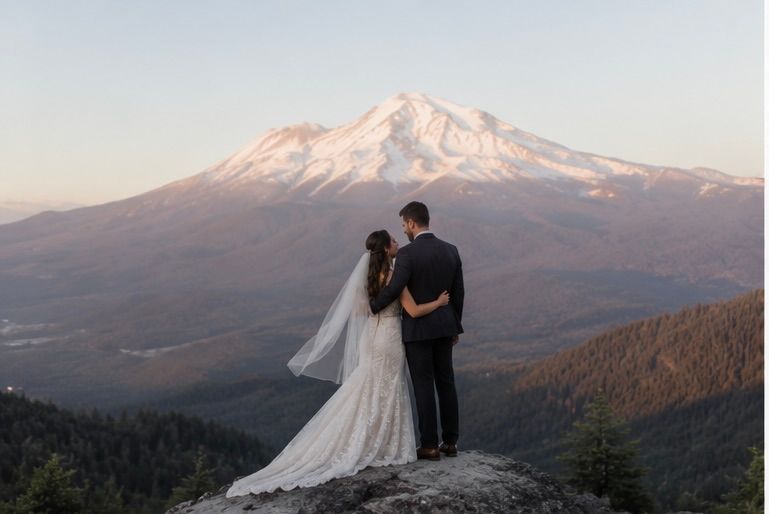 Bride and groom standing on a rocky overlook with Mount Shasta in the background at sunset.