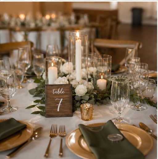 Elegant wedding reception table 7 with white candles, greenery, gold chargers, and sage napkins.