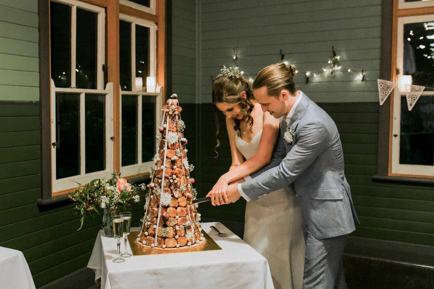 A unique profiterole tower wedding cake at a coastal Sydney wedding.