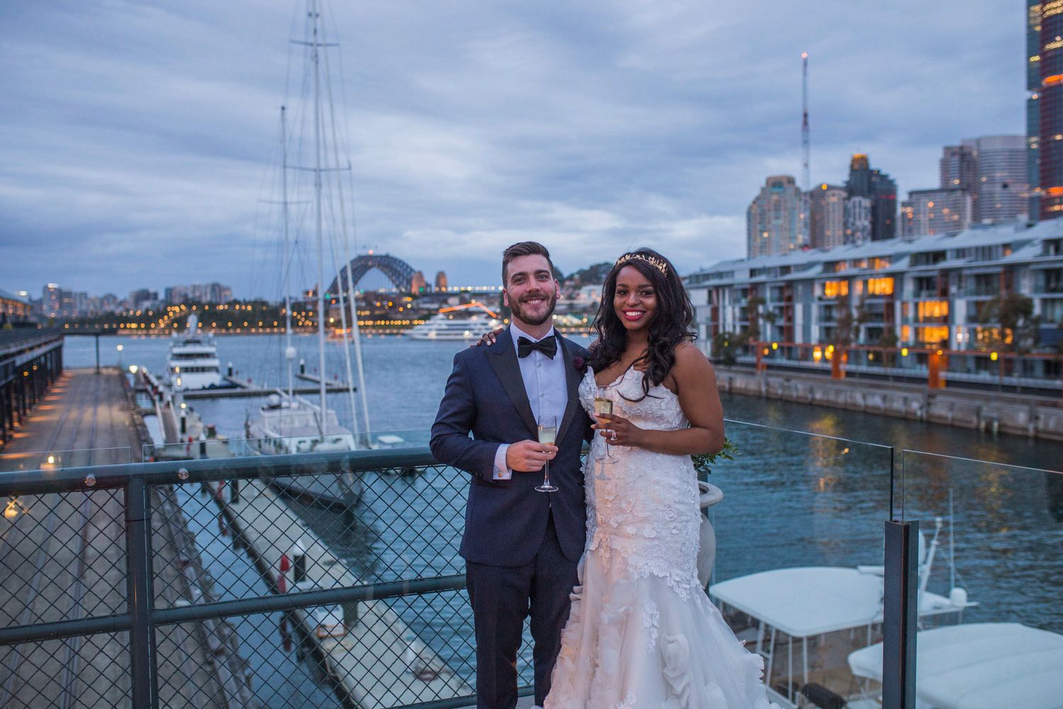 Spectacular sunset view of the Sydney Harbour Bridge from the Doltone House Jones Bay Wharf deck.