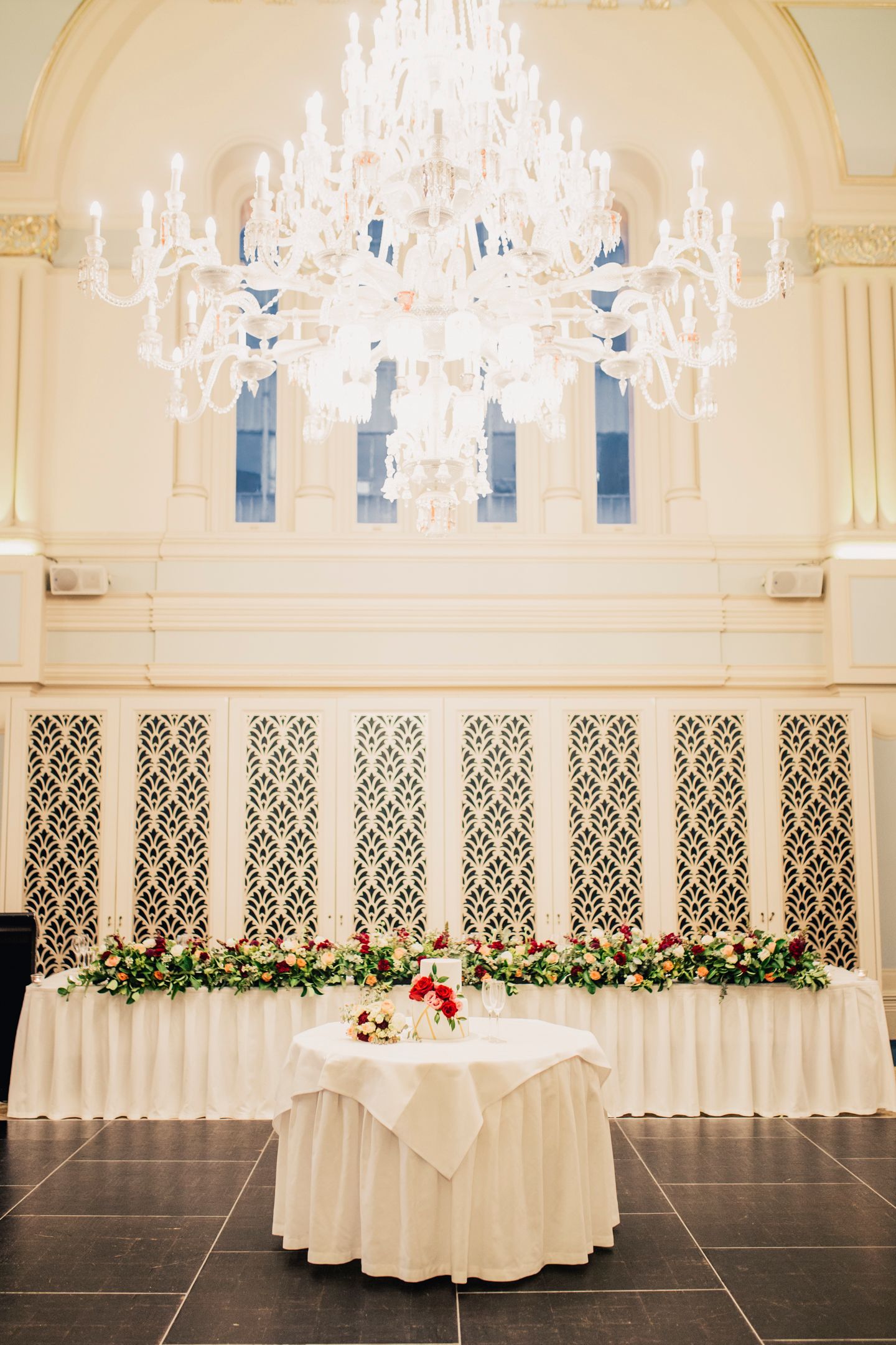 The grand heritage interior of The Tea Room QVB set for a black-tie wedding reception.