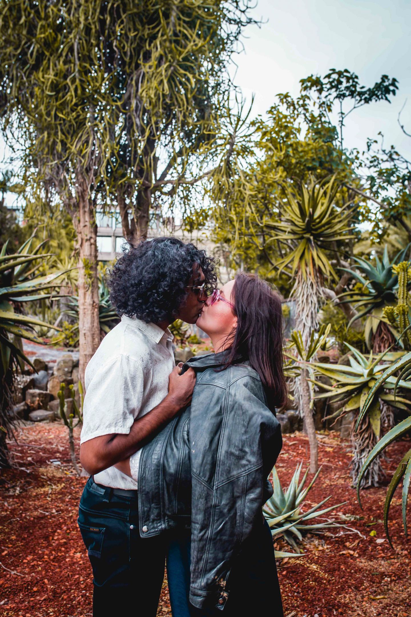 Romantic winter couple portraits taken among the trees at the Royal Botanic Garden Sydney.