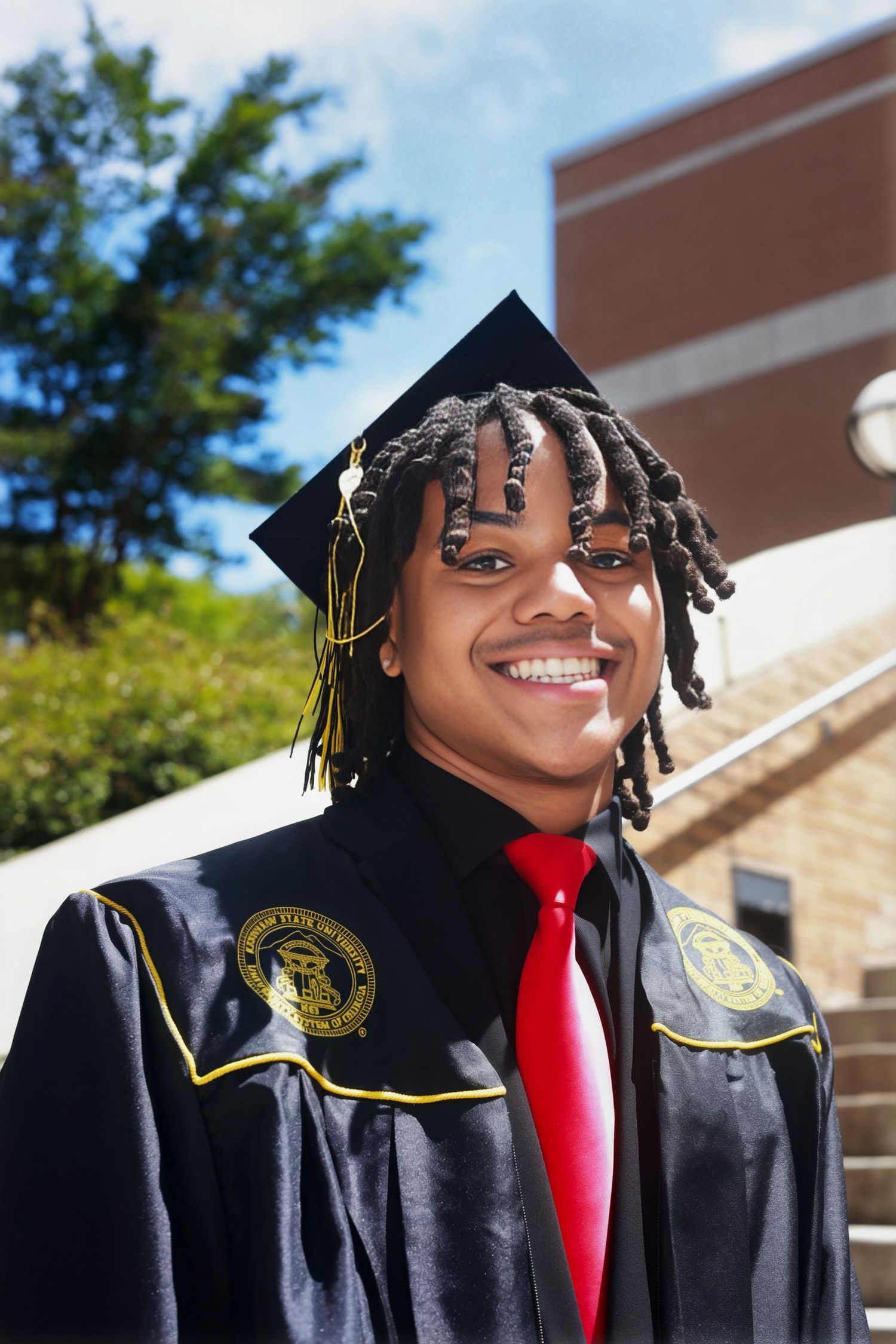 Smiling graduate in black cap and gown with red tie celebrating outdoors on a sunny day.